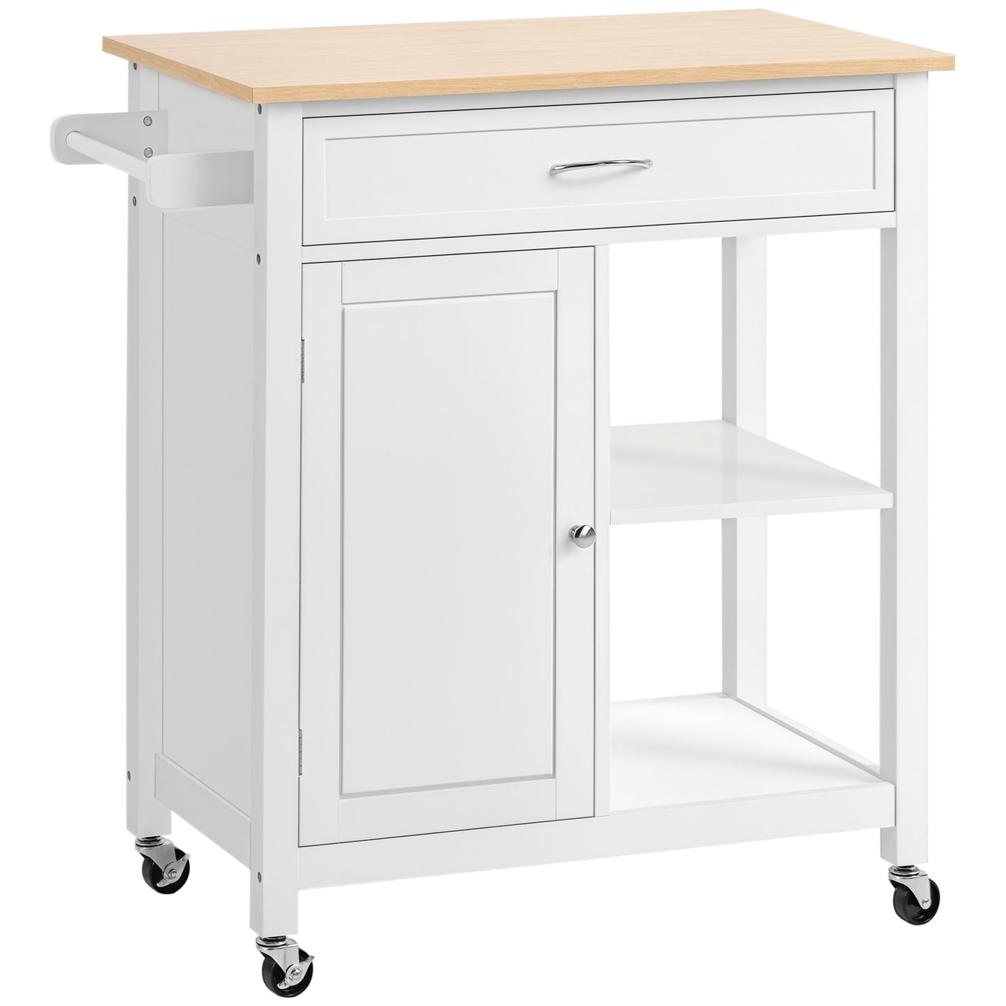 White mobile kitchen cart with solid wood top, storage drawer, cabinet, open shelves, and towel bar.