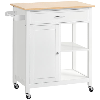 White mobile kitchen cart with solid wood top, storage drawer, cabinet, open shelves, and towel bar.