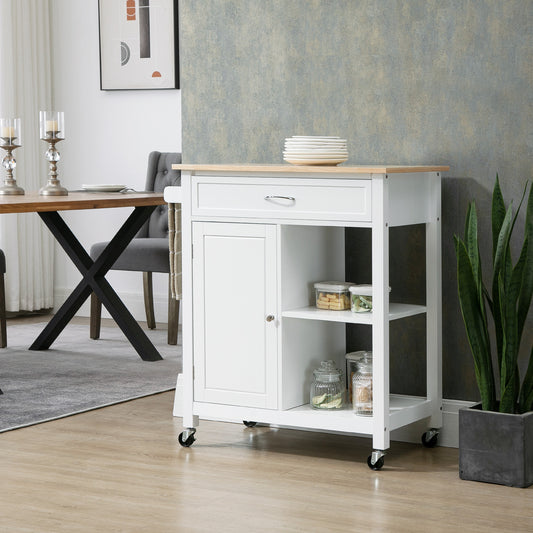 White mobile kitchen cart with solid wood top, storage drawer, cabinet, and open shelves on casters.