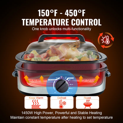 24QT professional roasting suite with a whole roasted chicken, vegetables, and temperature control dial.