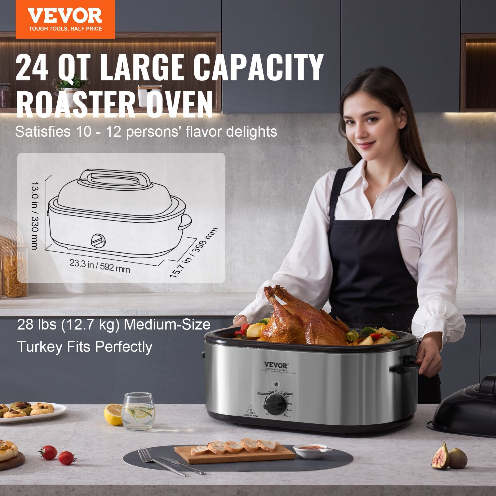 Silver VEVOR 24QT professional electric roaster oven with a roasted turkey, vegetables, and a woman.
