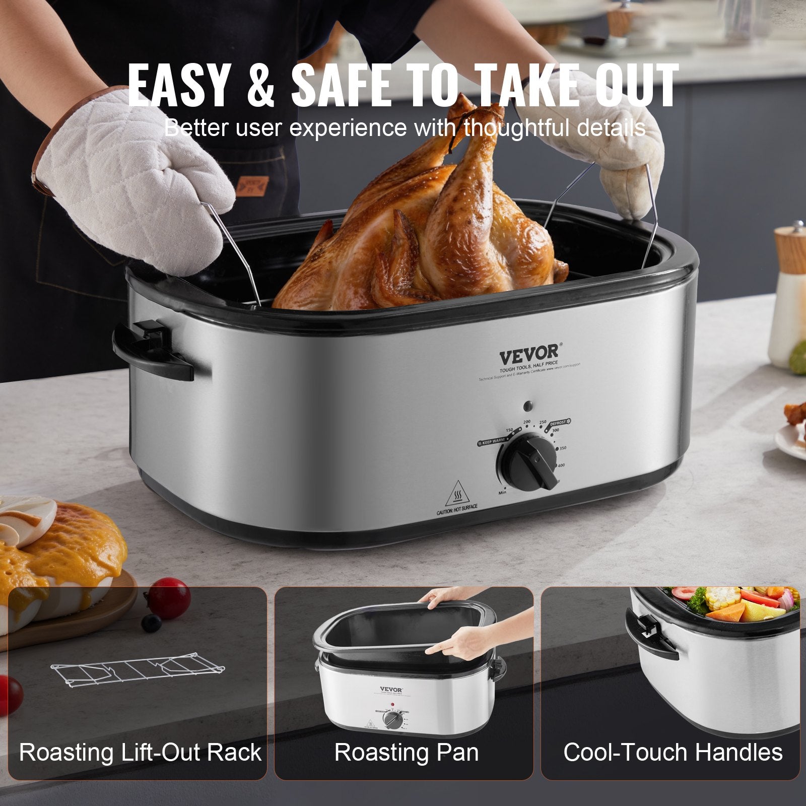 Silver 24QT VEVOR electric roaster oven with a roasted turkey, lift-out rack, and cool-touch handles.