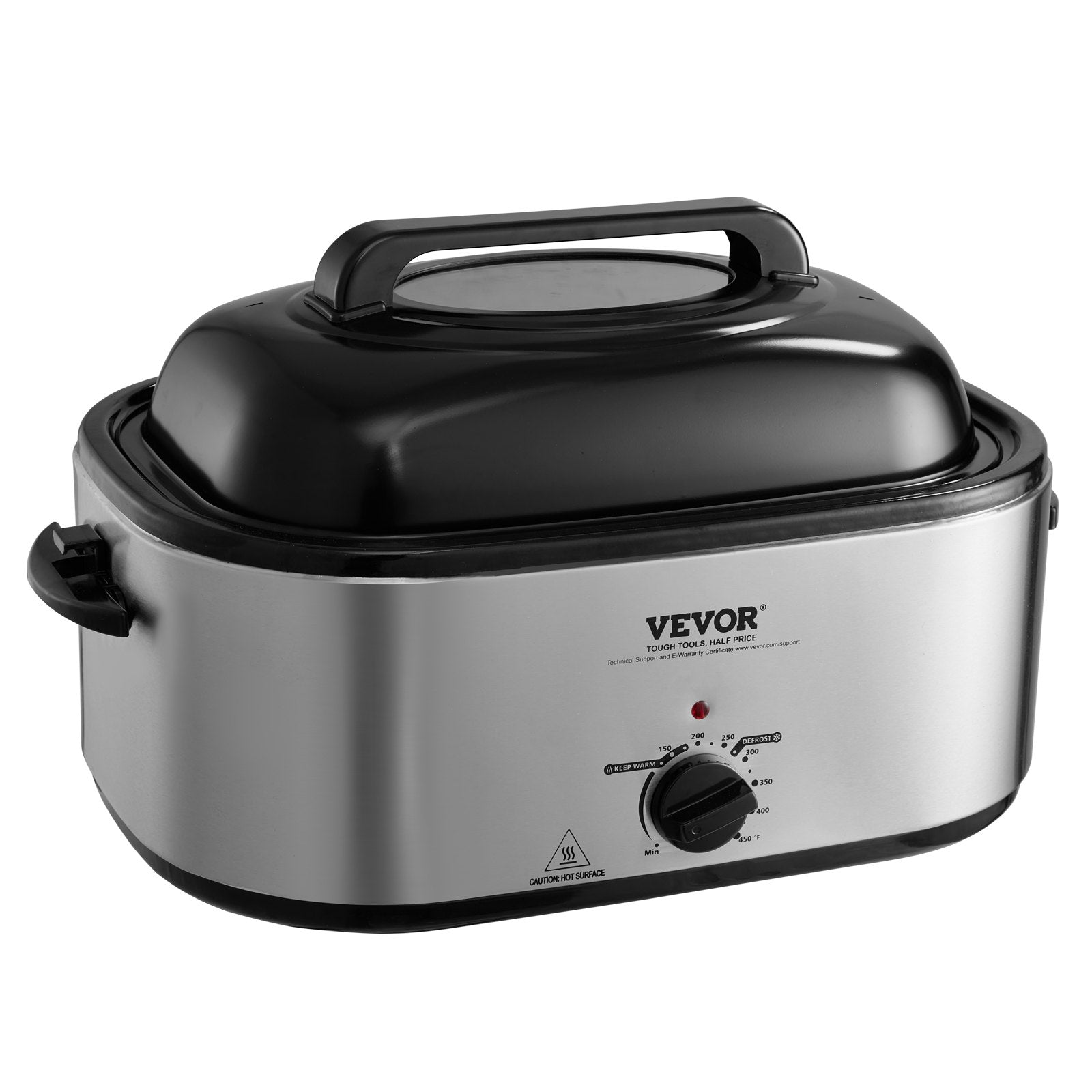 VEVOR 24QT stainless steel electric roaster oven with black self-basting lid and temperature dial.