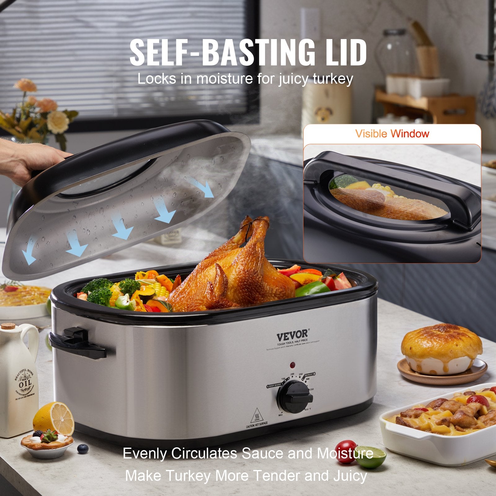 Silver 24QT electric roaster oven with a self-basting lid, roasting a golden turkey and vegetables.