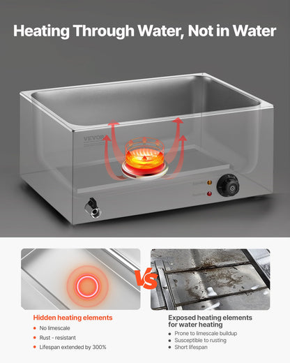 Stainless steel Bain Marie with hidden heating elements for wet heat food warming.