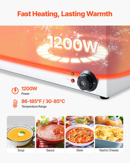 Silver countertop buffet with black temperature dial, red heating indicator, and 1200W power.