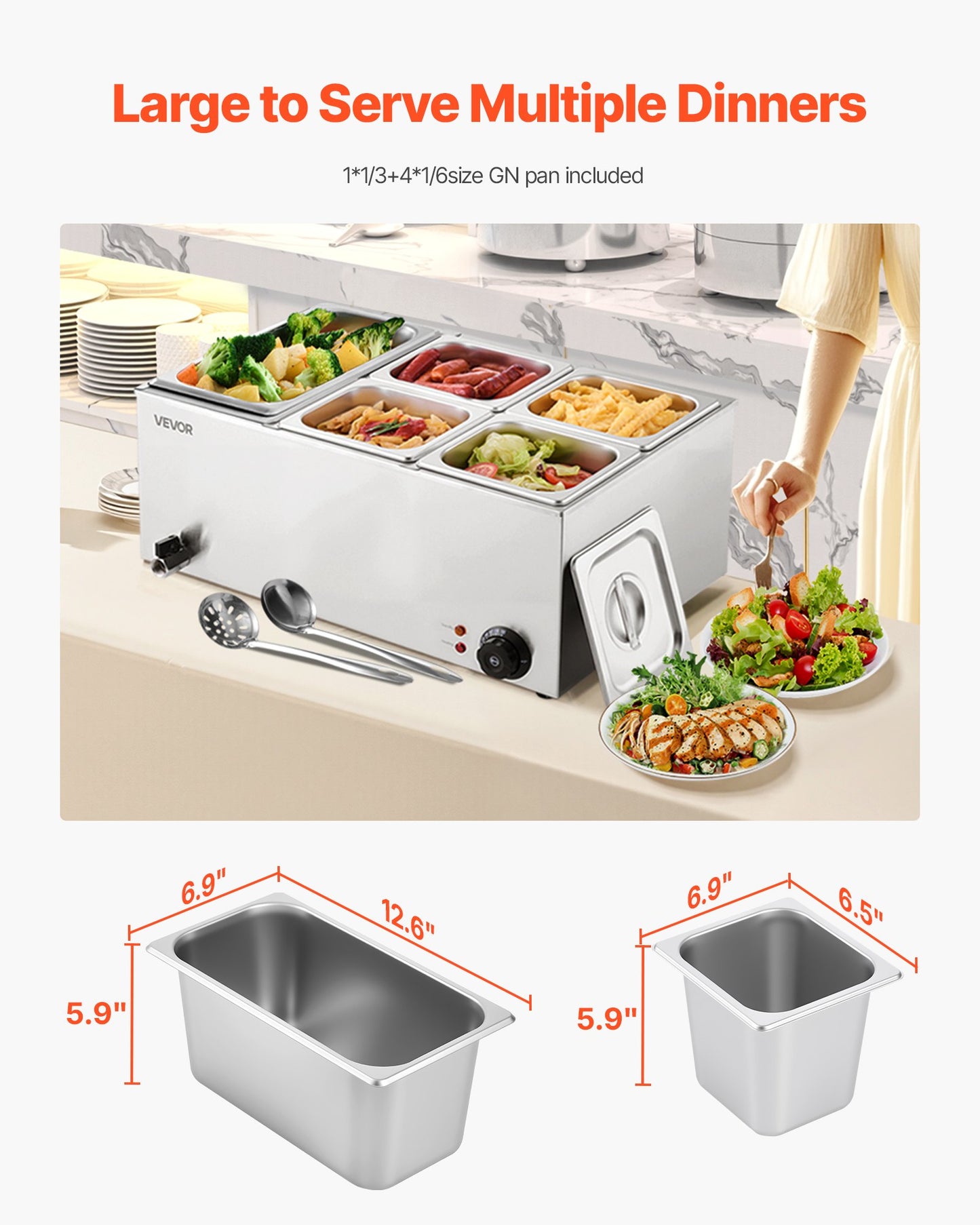 Silver 5-pan professional countertop buffet server with stainless steel pans and lids, serving various dishes.