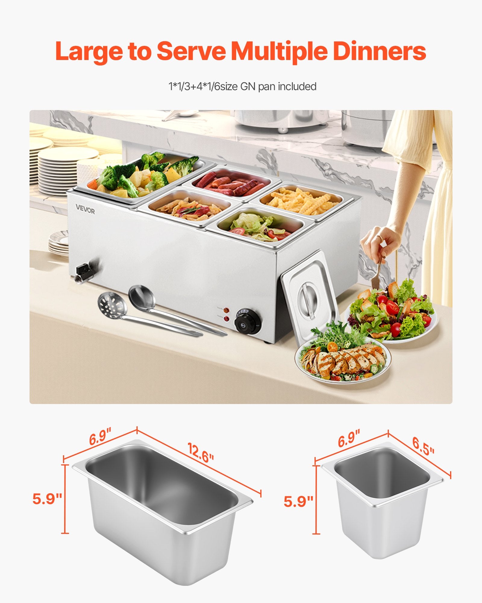 Silver 5-pan professional countertop buffet server with stainless steel pans and lids, serving various dishes.