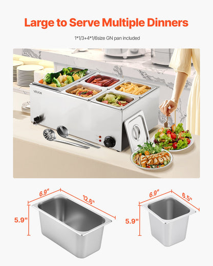 Silver 5-pan professional countertop buffet server with stainless steel pans and lids, serving various dishes.