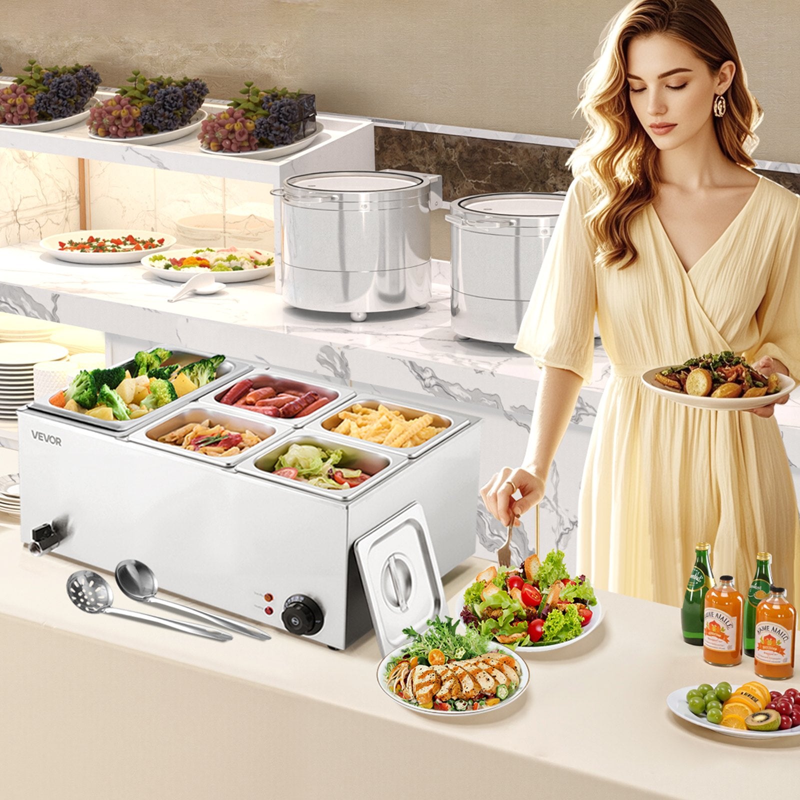 Stainless steel 5-pan professional countertop buffet server with lids, serving various dishes.