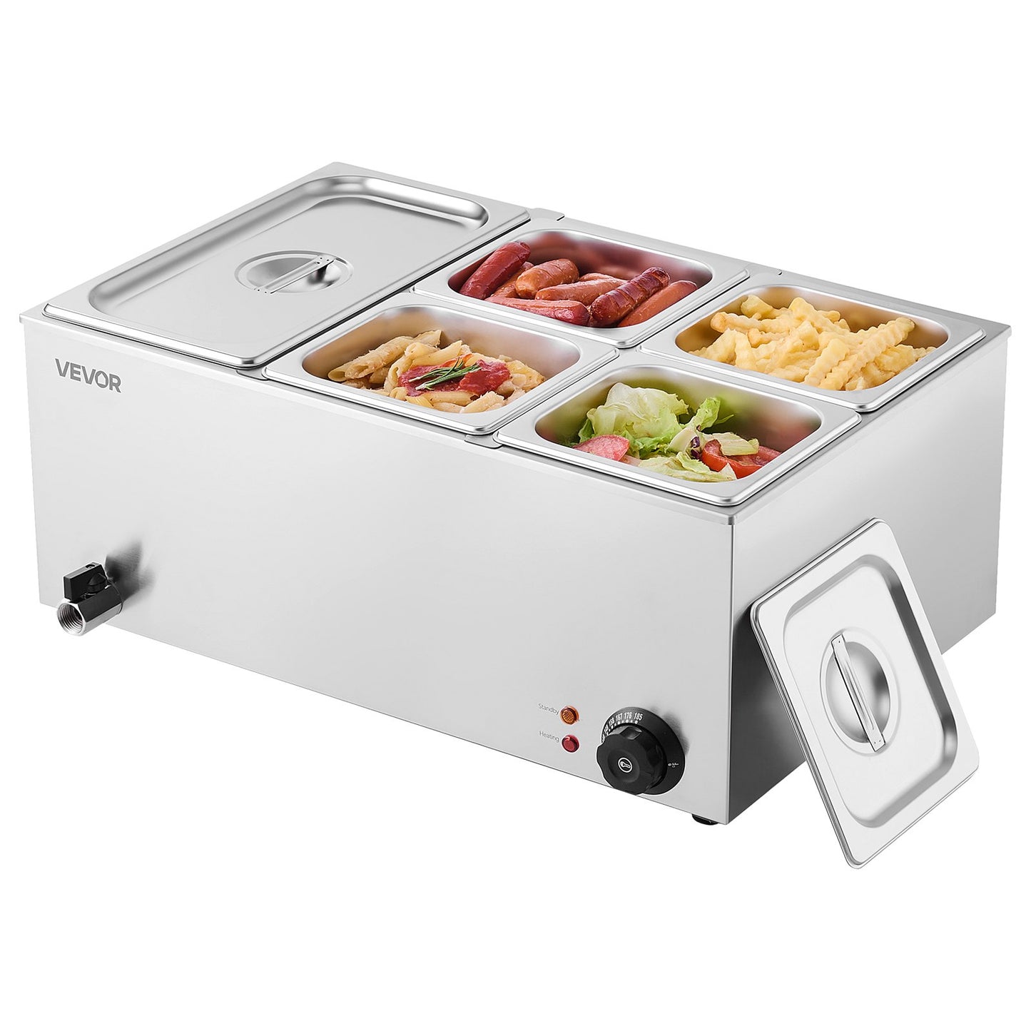Stainless steel 5-pan professional countertop buffet server with food, temperature control, and drain.