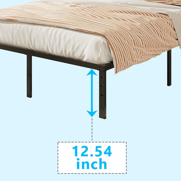 Full-size, 14-inch black metal platform bed frame with 12.54 inches of under-bed clearance.