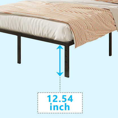Full-size, 14-inch black metal platform bed frame with 12.54 inches of under-bed clearance.