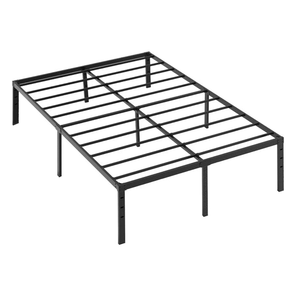 Full-size 14-inch black heavy-duty metal platform bed frame with steel slats and under-bed clearance.