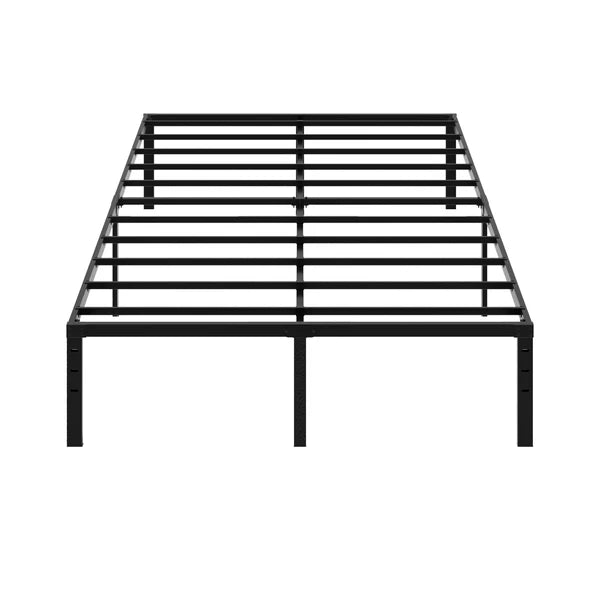 Full-size 14-inch black heavy-duty metal platform bed frame with horizontal slats.