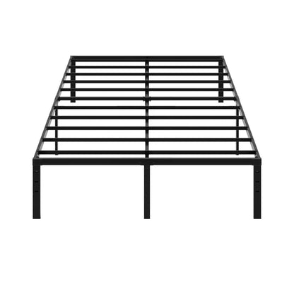 Full-size 14-inch black heavy-duty metal platform bed frame with horizontal slats.