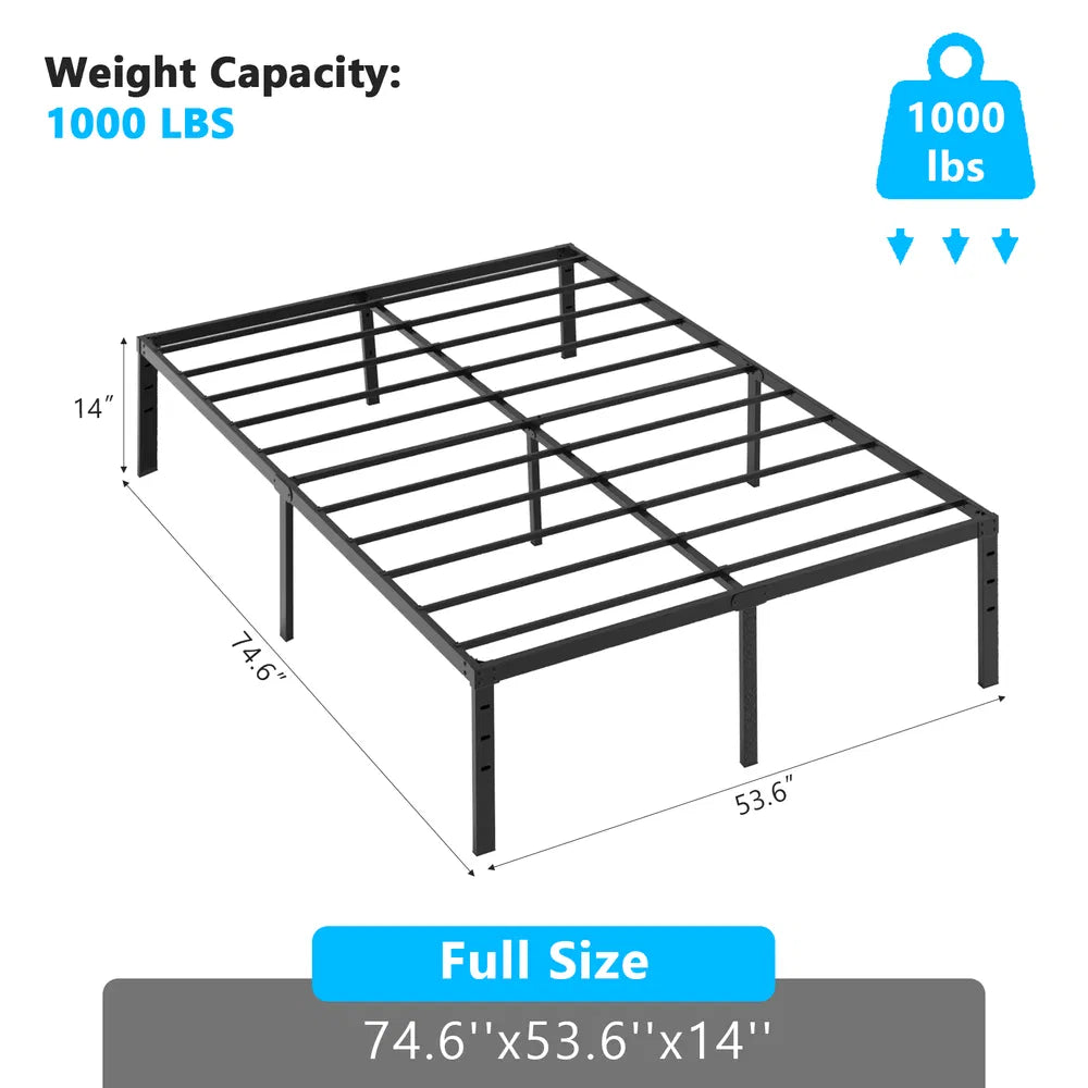 Black full-size 14-inch heavy-duty metal platform bed frame with steel slats and 1000 lbs capacity.
