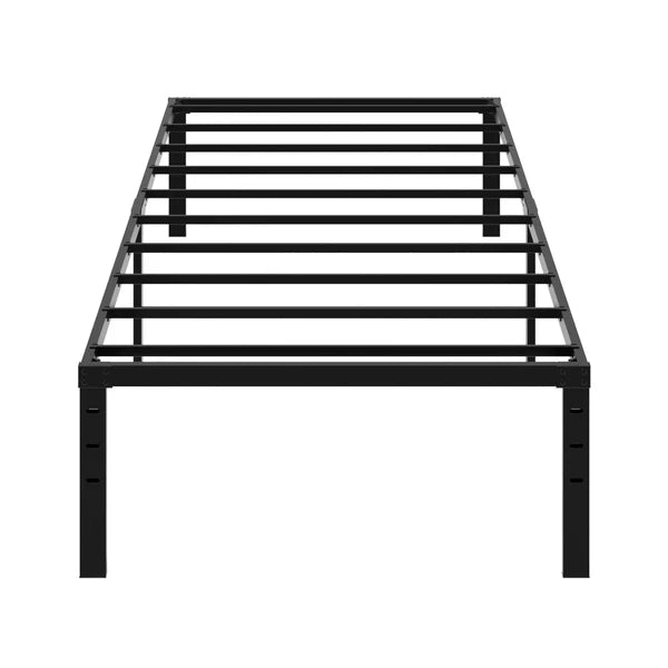 Black heavy-duty metal platform bed frame, Twin size, with steel slats and 14-inch height for under-bed storage.
