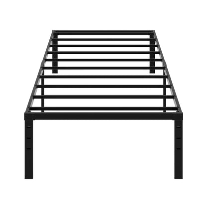 Black heavy-duty metal platform bed frame, Twin size, with steel slats and 14-inch height for under-bed storage.