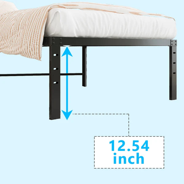 Black metal platform bed frame with 12.54 inches of under-bed storage clearance, supporting a white mattress.