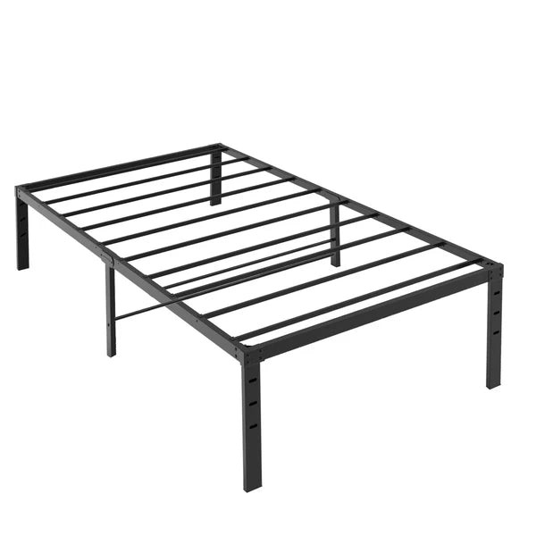 Black 14-inch heavy-duty metal platform bed frame, twin size, with steel slats and under-bed storage.