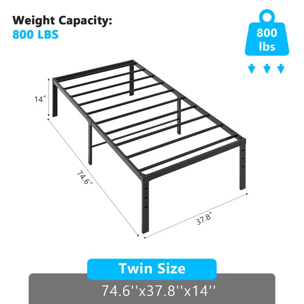 Black 14-inch heavy-duty metal platform bed frame, Twin size, with steel slats and 12 inches of under-bed clearance.