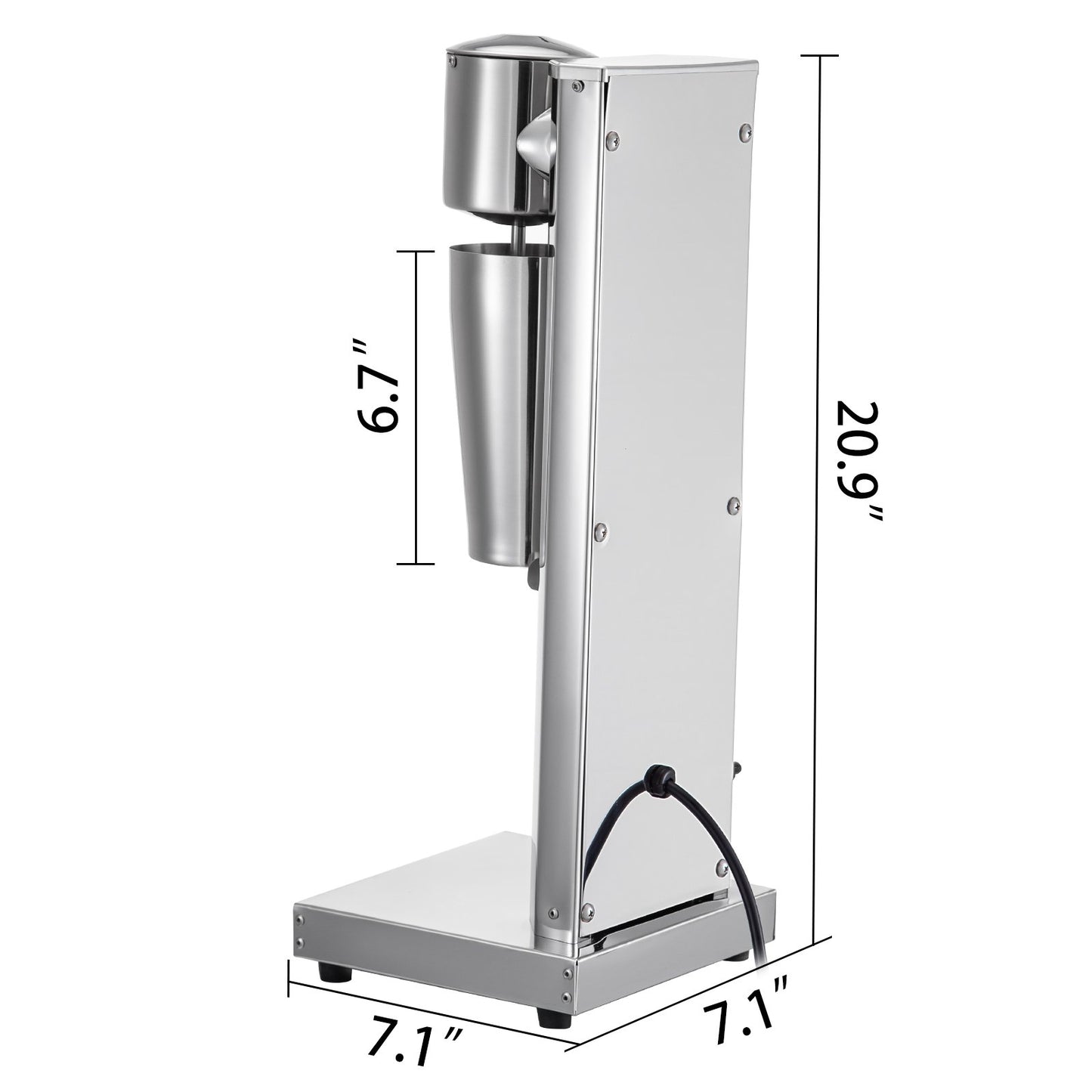 Professional stainless steel milkshake machine with 800ml cup, 20.9" tall, 7.1" wide base.