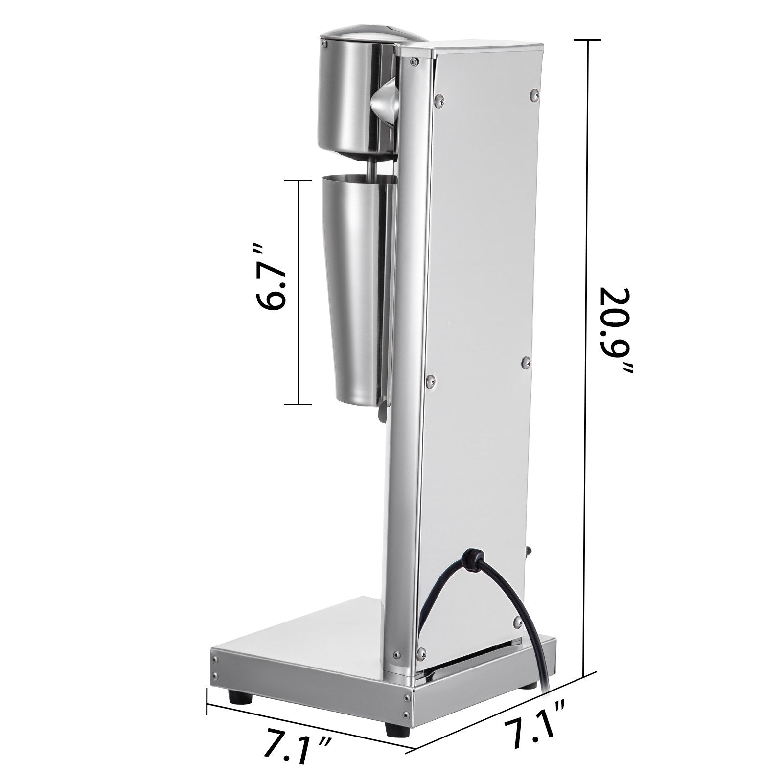 Professional stainless steel milkshake machine with 800ml cup, 20.9" tall, 7.1" wide base.