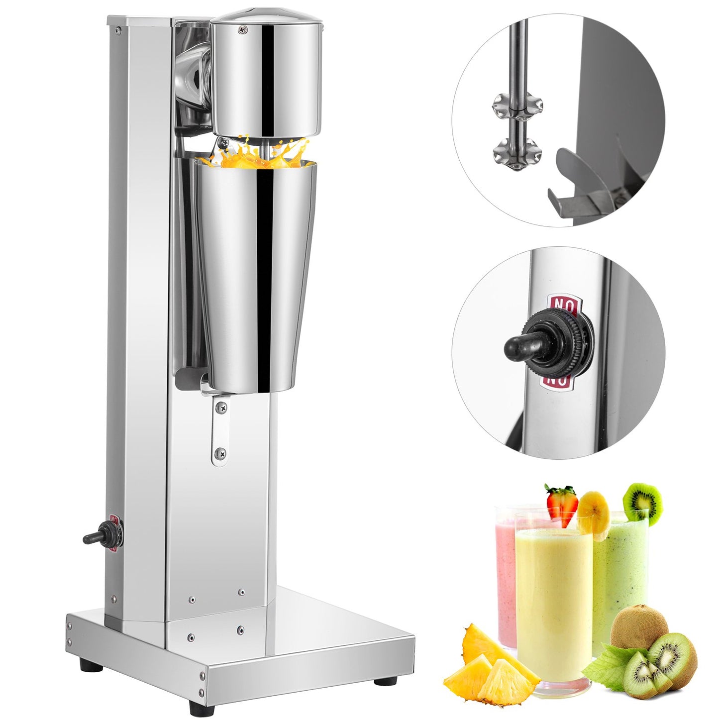 Sleek stainless steel milkshake machine with a mixing cup, frothing a yellow drink. Insets show the mixer and speed switch.