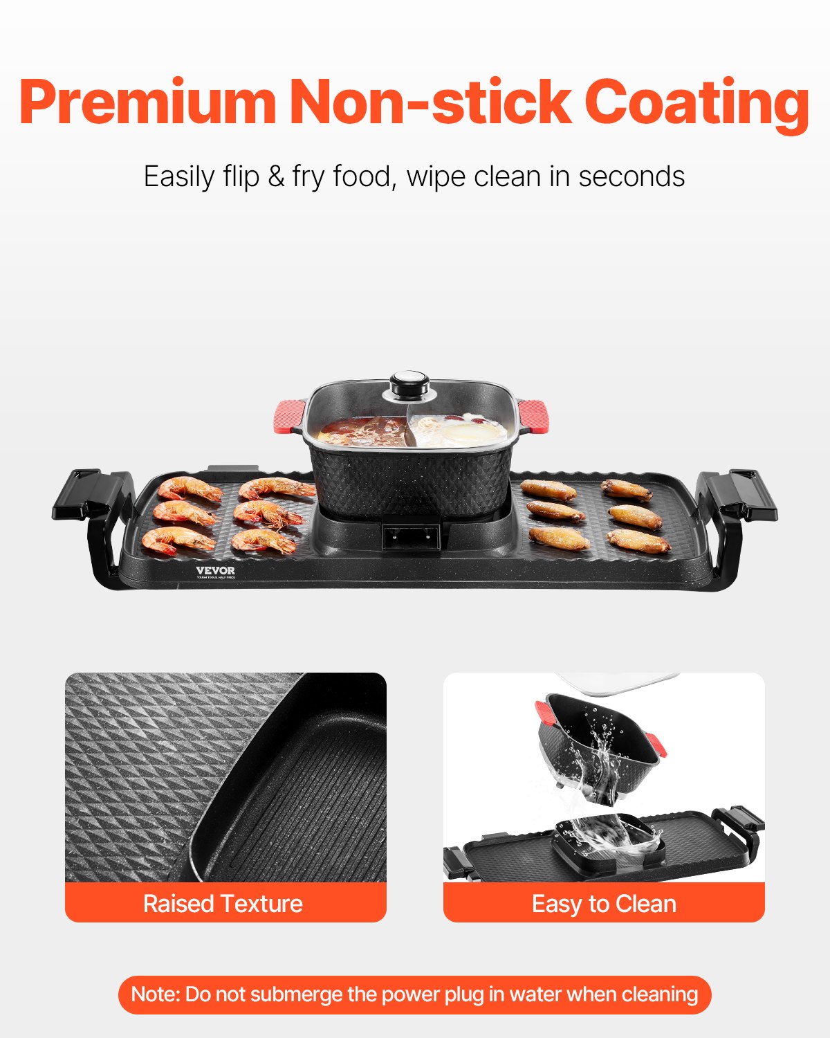 Black 2-in-1 hot pot and smokeless BBQ grill with red handles, cooking shrimp and wings.
