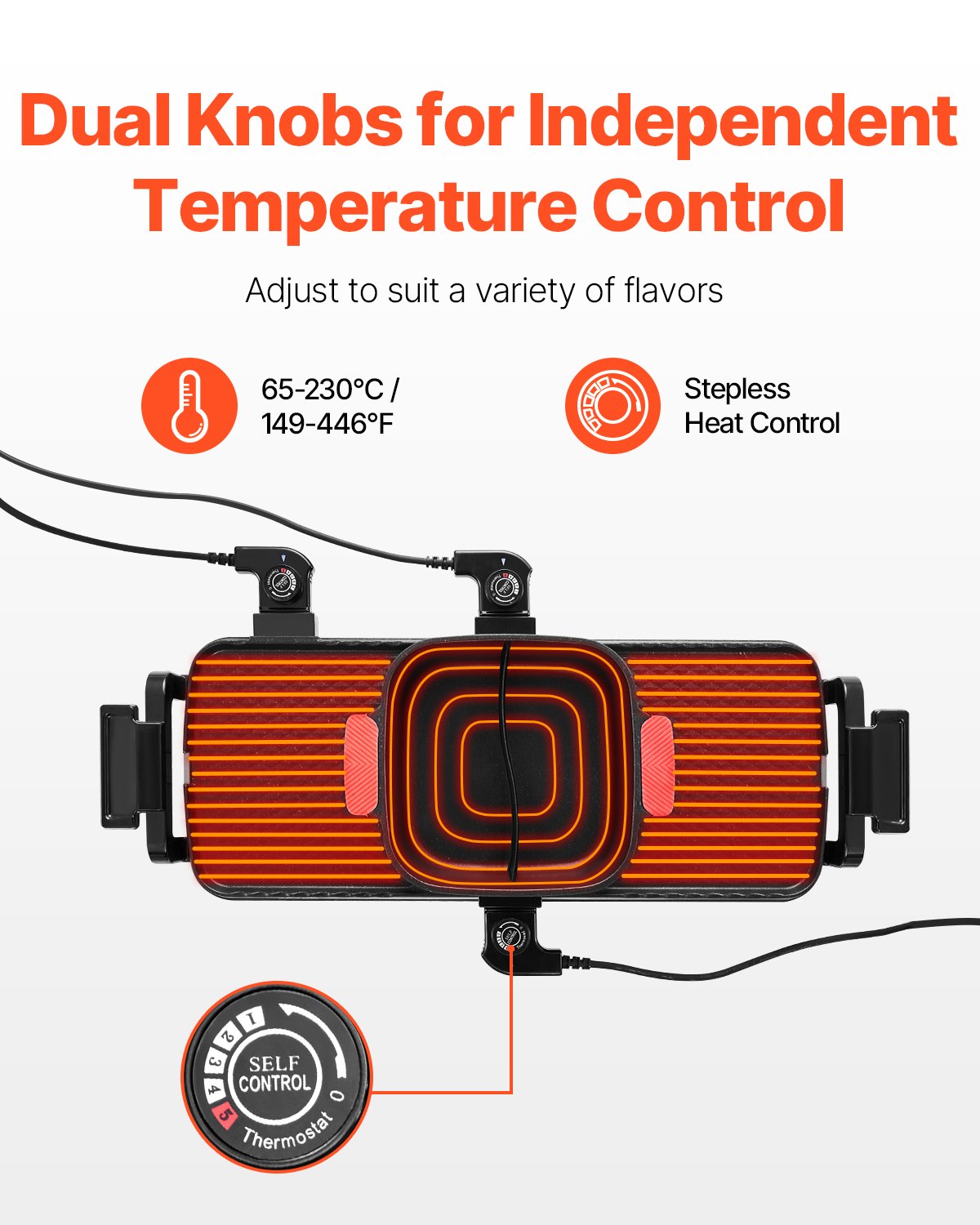 Black 2-in-1 hot pot and BBQ grill with glowing red heating elements and dual temperature control knobs.