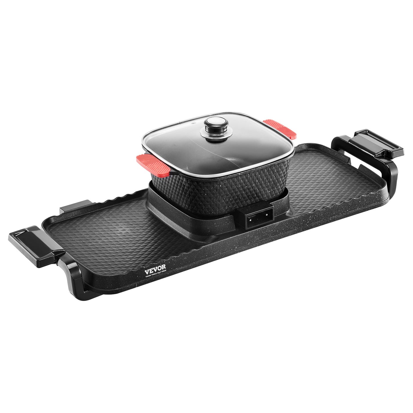 Black 2-in-1 hot pot and smokeless BBQ grill with textured surfaces and red-handled lid.
