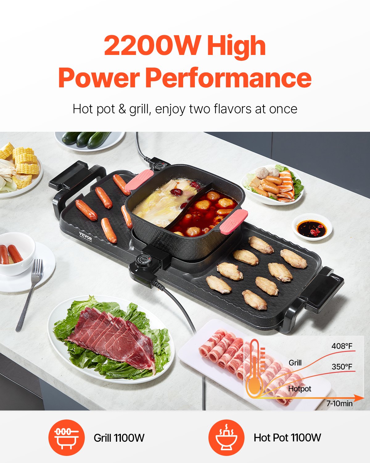 Black 2-in-1 hot pot and smokeless BBQ grill with dual temperature controls, cooking various foods.