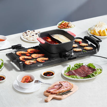 Black 2-in-1 hot pot and smokeless BBQ grill with shrimp, chicken wings, and raw meat cooking on a white table.