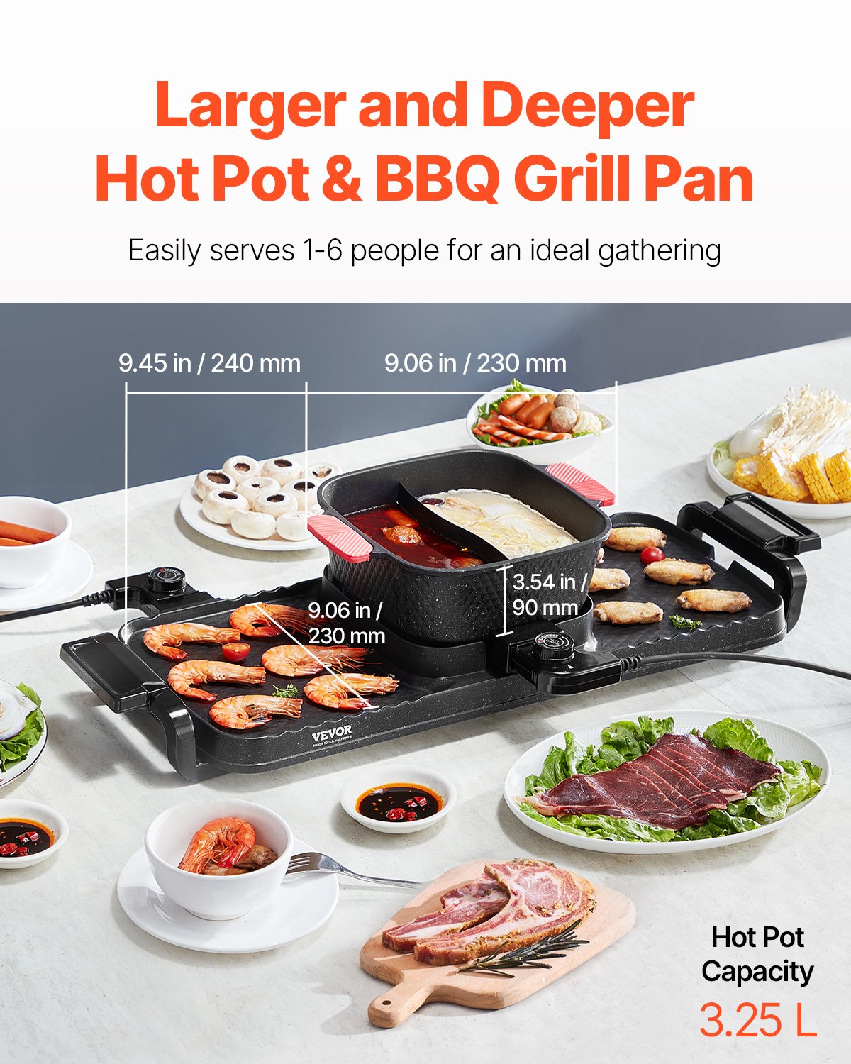 Black 2-in-1 hot pot and BBQ grill with red handles, cooking shrimp, chicken wings, and hot pot ingredients.