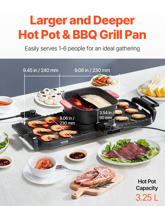 Black 2-in-1 hot pot and BBQ grill with red handles, cooking shrimp, chicken wings, and hot pot ingredients.