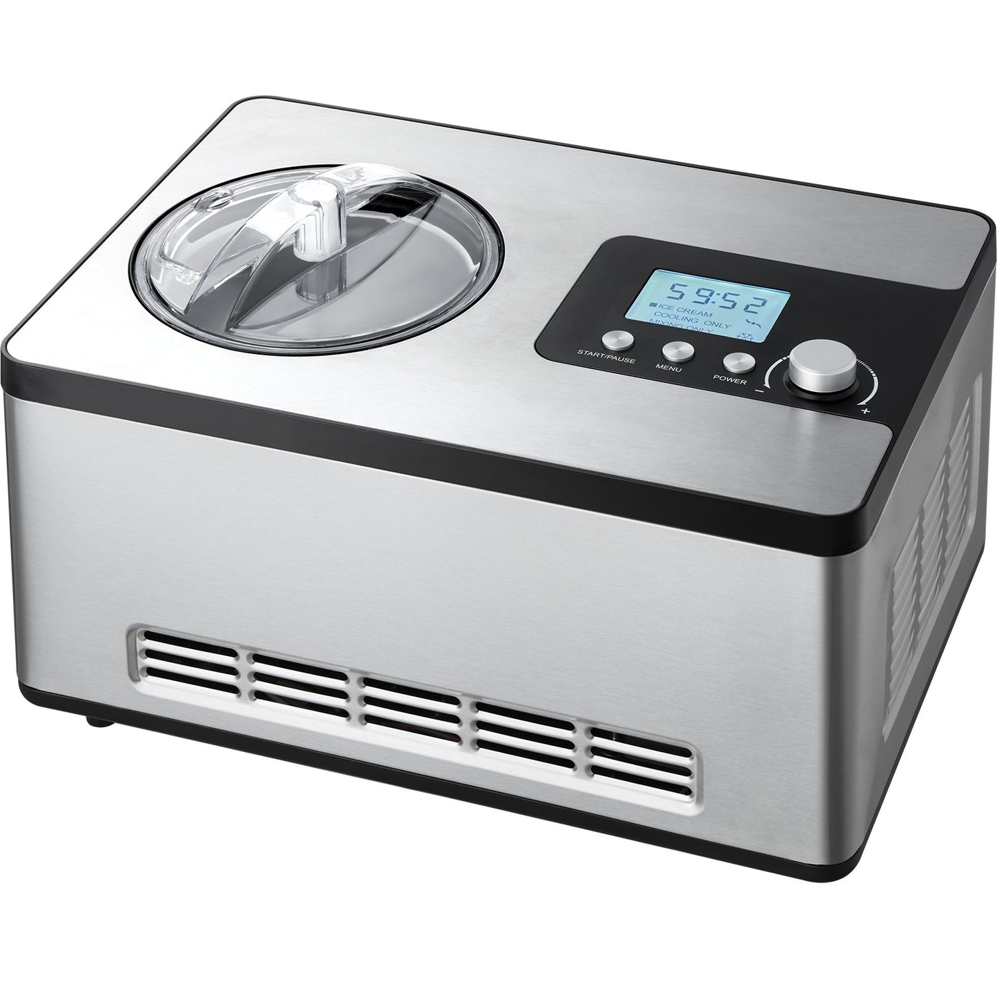 Sleek stainless-steel professional compressor ice cream maker with clear lid and LCD display.