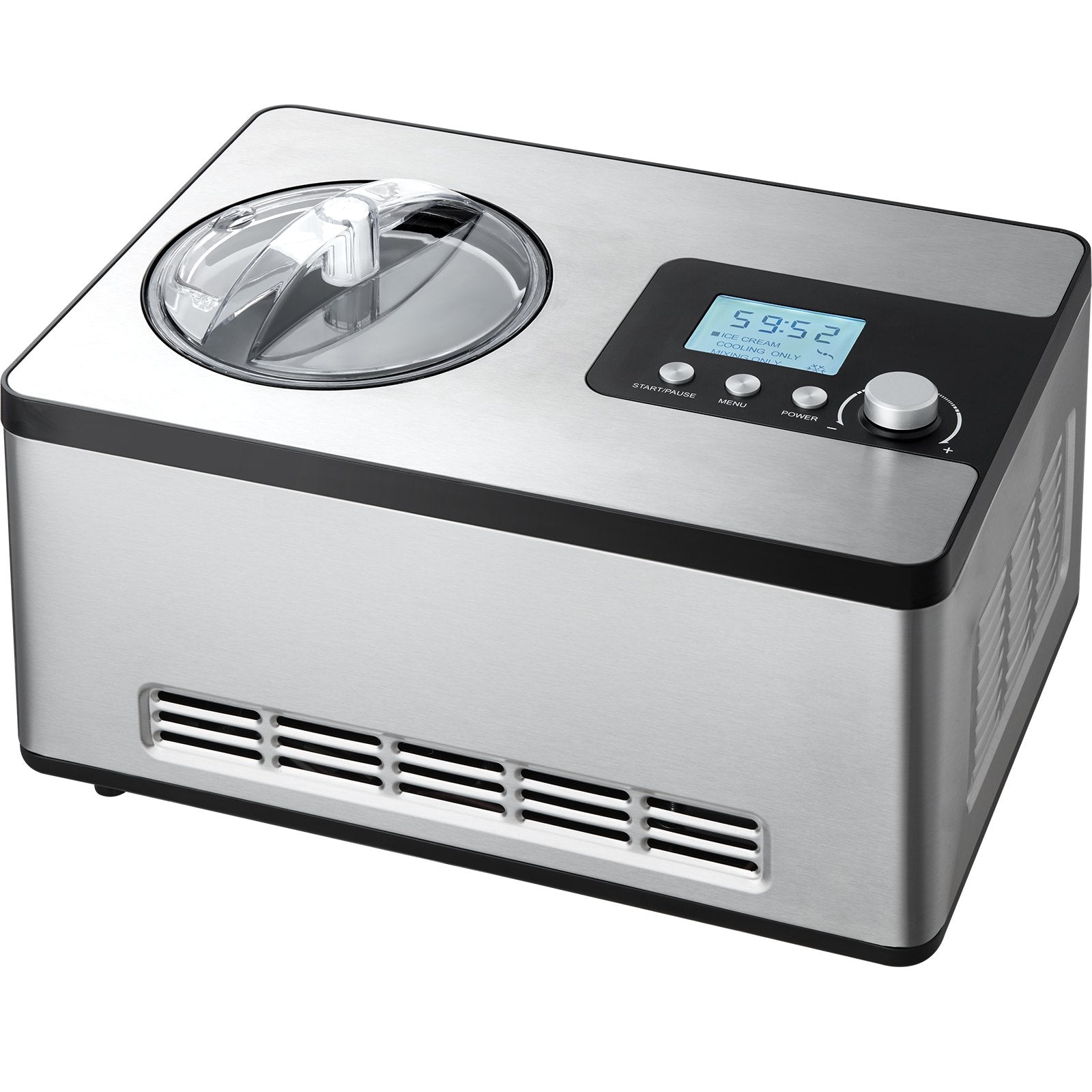Sleek stainless-steel professional compressor ice cream maker with clear lid and LCD display.
