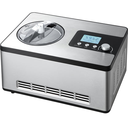 Sleek stainless-steel professional compressor ice cream maker with clear lid and LCD display.