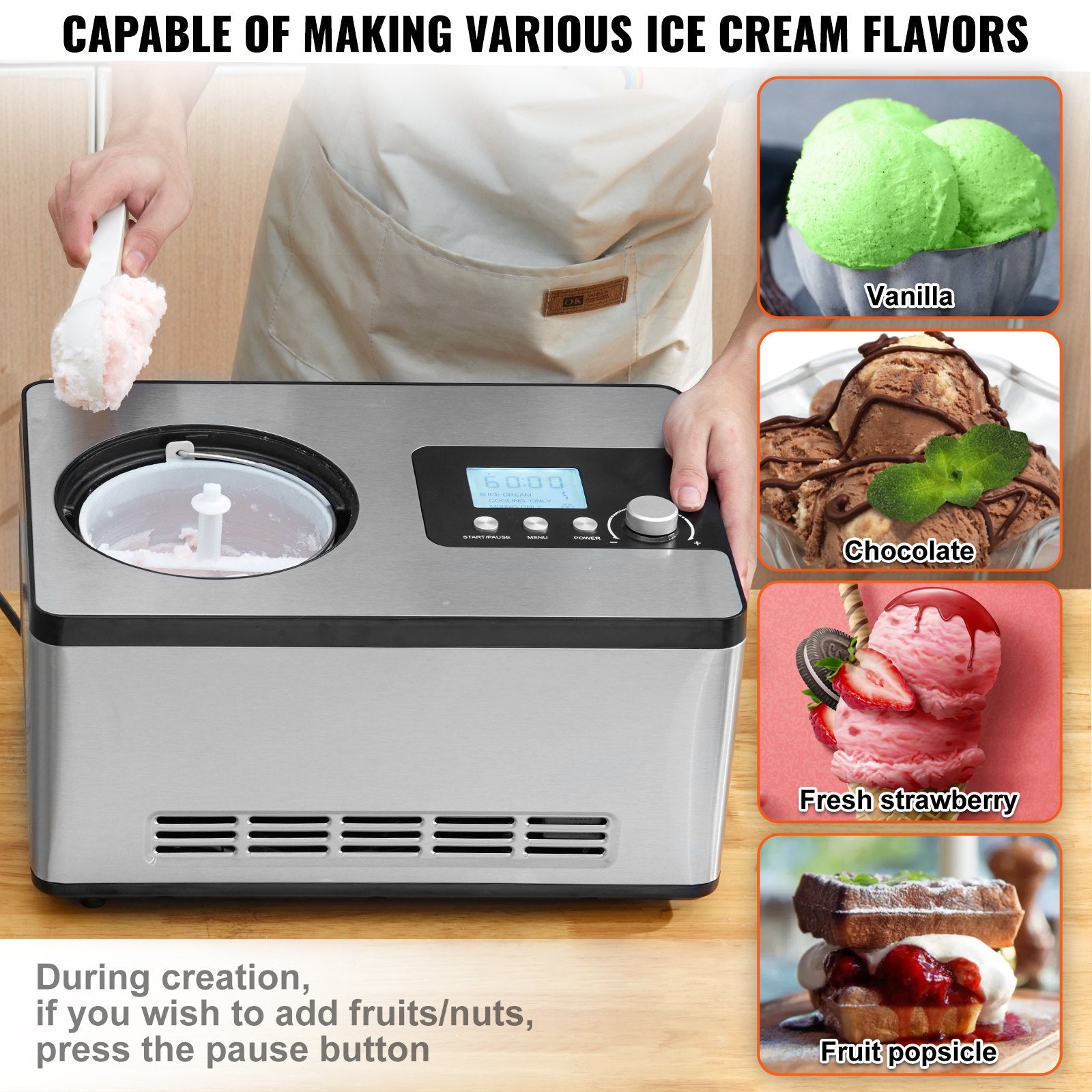 Sleek stainless-steel Gelato Gourmet ice cream maker with LCD display, making pink ice cream.