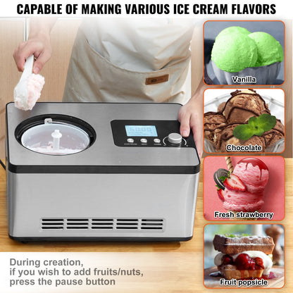 Sleek stainless-steel Gelato Gourmet ice cream maker with LCD display, making pink ice cream.
