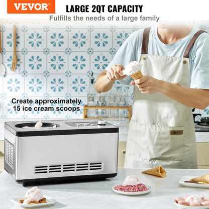 Sleek stainless-steel Gelato Gourmet 2-quart compressor ice cream maker on a counter with desserts.
