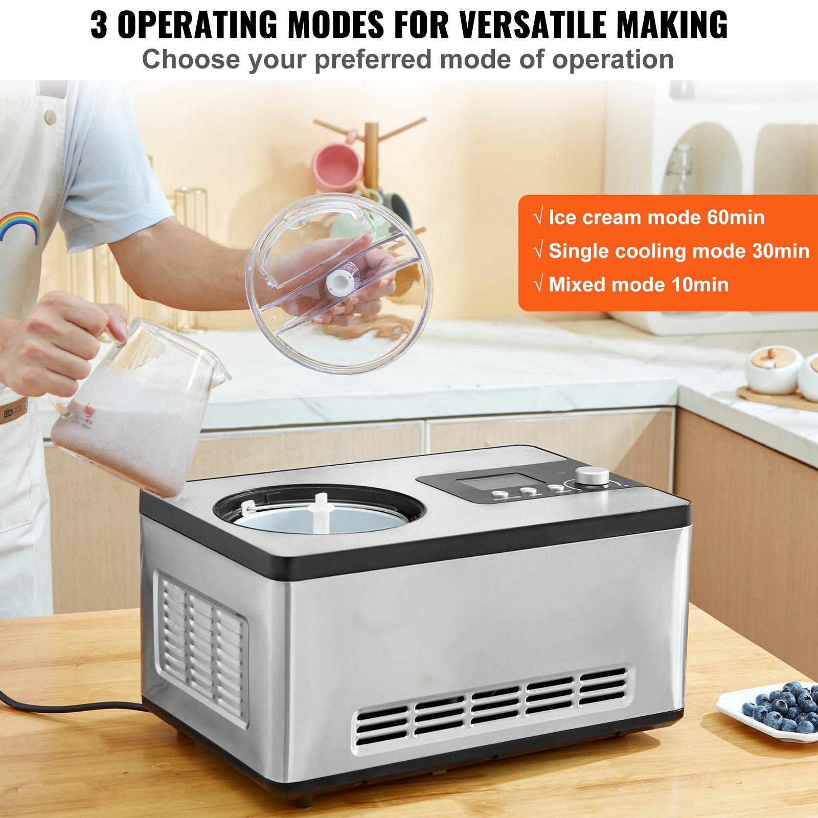 Sleek stainless-steel professional compressor ice cream maker with LCD display, being filled with ingredients.