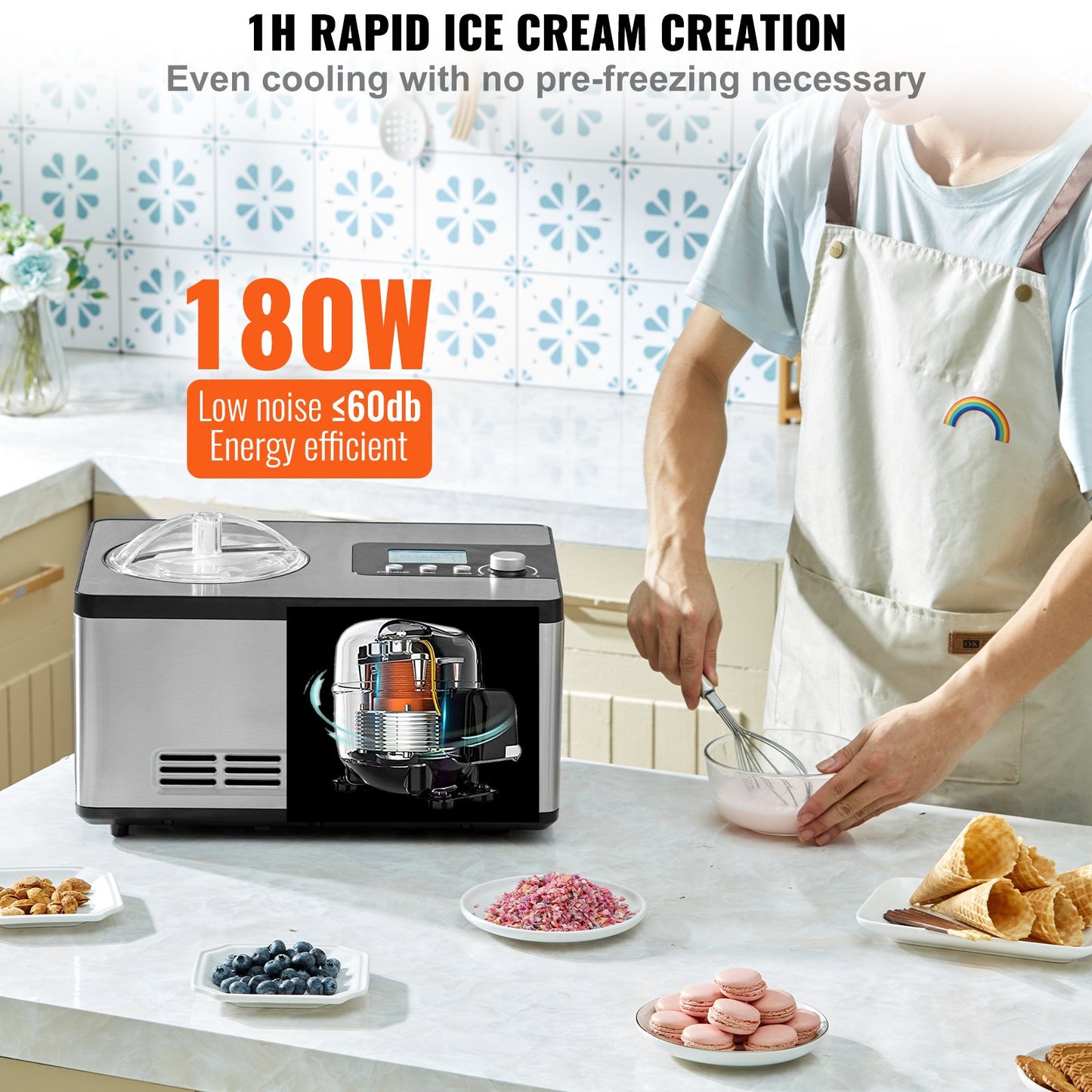 Sleek stainless-steel compressor ice cream maker with LCD, making gelato, sorbet, and ice cream.