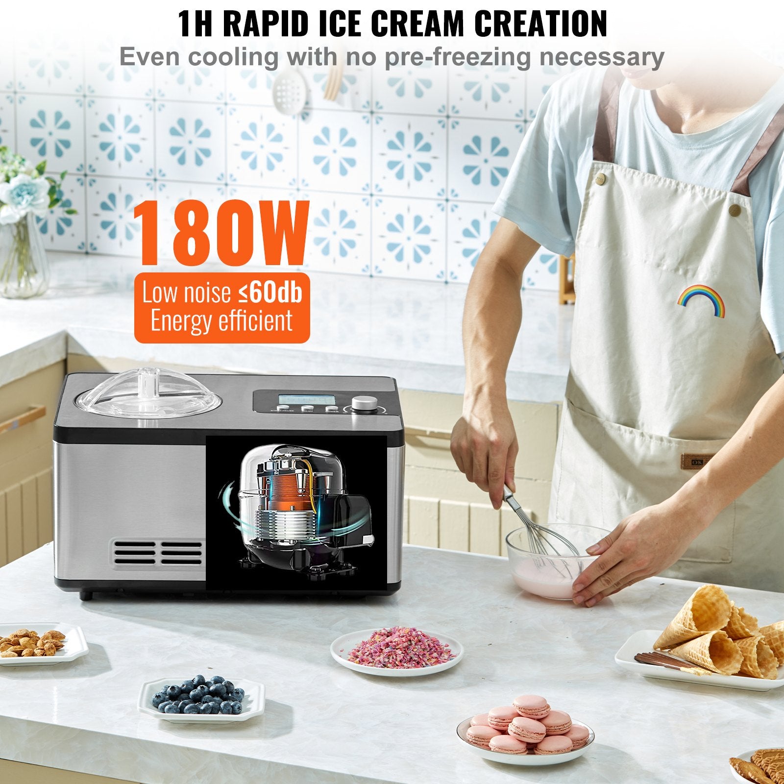 Sleek stainless-steel compressor ice cream maker with LCD, making gelato, sorbet, and ice cream.