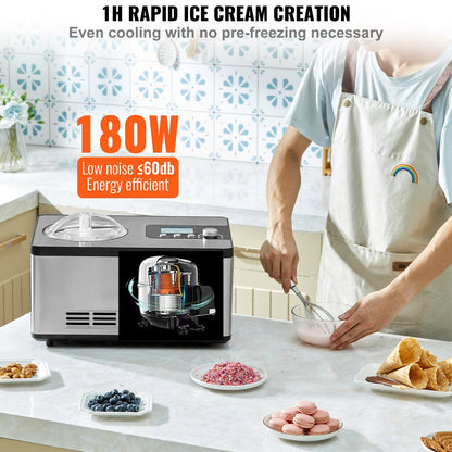 Sleek stainless-steel compressor ice cream maker with LCD, making gelato, sorbet, and ice cream.