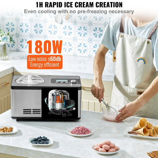 Sleek stainless-steel compressor ice cream maker with LCD, making gelato, sorbet, and ice cream.