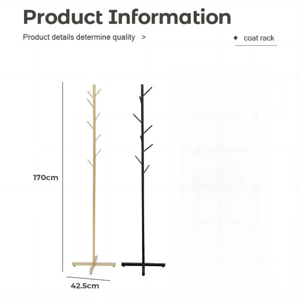Two 170cm tall metal coat racks with T-shaped bases, one golden and one black, with multiple angled hooks.