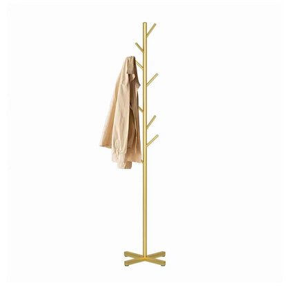Golden Aura luxury garment rack with a sleek gold metal frame, tree-like branches, and a faux marble base.