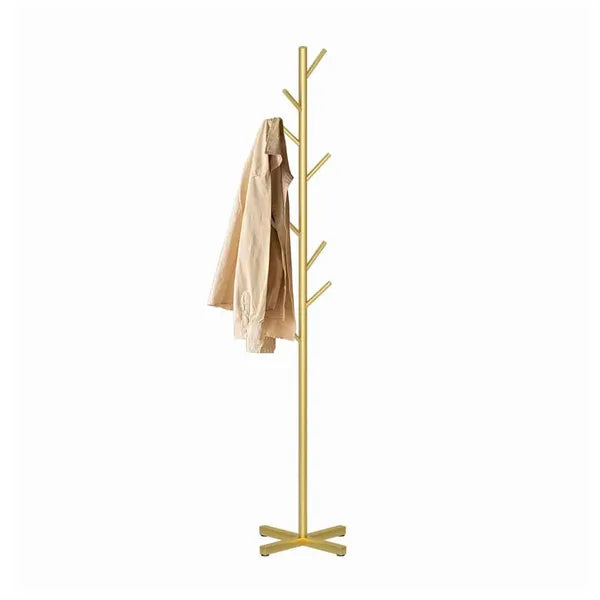 Golden Aura luxury garment rack with a sleek gold metal frame and faux marble base, displaying a beige jacket.